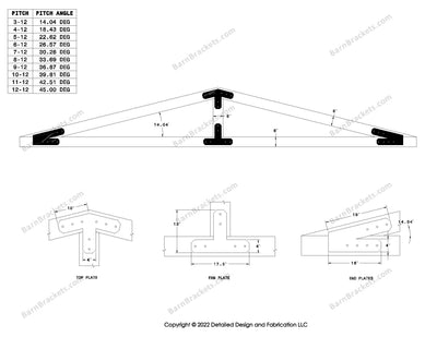 4 inch timber truss plate set for 6 inch wood beams 3-12 pitch.  King post only truss with flush ends and chamfered corners.