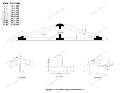 4 inch timber truss plate set for 6 inch wood beams 4-12 pitch.  King post only truss with overhang ends and chamfered corners.