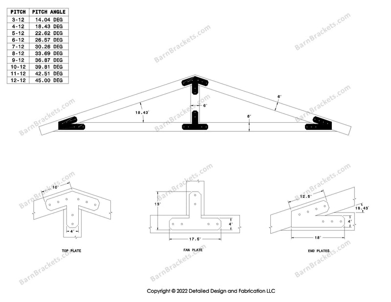 4 inch timber truss plate set for 6 inch wood beams 4-12 pitch.  King post only truss with overhang ends and chamfered corners.