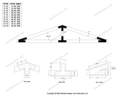 4 inch timber truss plate set for 6 inch wood beams 4-12 pitch.  King post only truss with flush ends and chamfered corners.