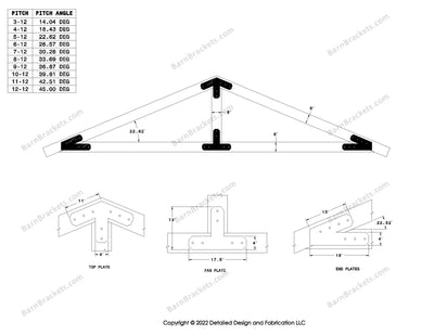 4 inch timber truss plate set for 6 inch wood beams 5-12 pitch.  King post only truss with overhang ends and chamfered corners.