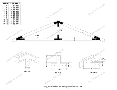 4 inch timber truss plate set for 6 inch wood beams 5-12 pitch.  King post only truss with overhang ends and square corners.