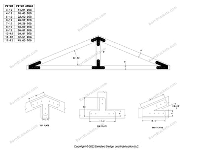 4 inch timber truss plate set for 6 inch wood beams 5-12 pitch.  King post only truss with flush ends and chamfered corners.