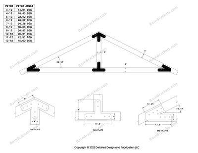 4 inch timber truss plate set for 6 inch wood beams 6-12 pitch.  King post only truss with overhang ends and chamfered corners.