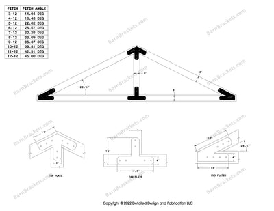 4 inch timber truss plate set for 6 inch wood beams 6-12 pitch.  King post only truss with flush ends and chamfered corners.