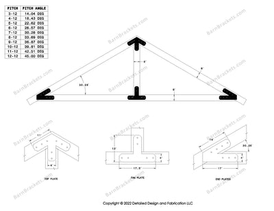 4 inch timber truss plate set for 6 inch wood beams 7-12 pitch.  King post only truss with overhang ends and chamfered corners.