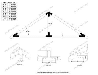 4 inch timber truss plate set for 6 inch wood beams 8-12 pitch.  King post only truss with overhang ends and chamfered corners.