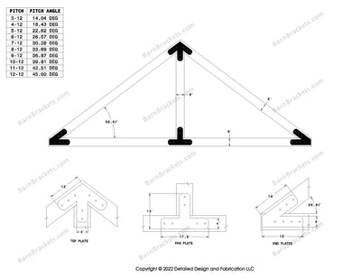 4 inch timber truss plate set for 6 inch wood beams 9-12 pitch.  King post only truss with flush ends and chamfered corners.