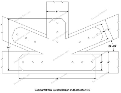 Fan Brackets for 8 inch beams - 6 inch Large centered joint - Chamfered - Centered style holes - BarnBrackets.com