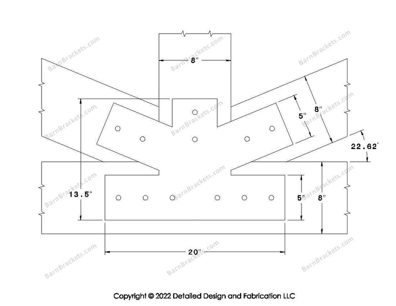 Fan Brackets for 8 inch beams - 5 inch Regular centered joint - Square - Centered style holes - BarnBrackets.com