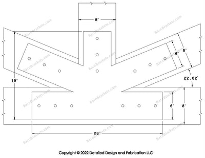 Fan Brackets for 8 inch beams - 6 inch Large centered joint - Square - Centered style holes - BarnBrackets.com