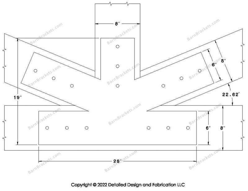 Fan Brackets for 8 inch beams - 6 inch Large centered joint - Square - Centered style holes - BarnBrackets.com