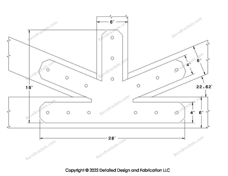 Fan Brackets for 6 inch beams - 4 inch Large centered joint - Chamfered - Centered style holes - BarnBrackets.com