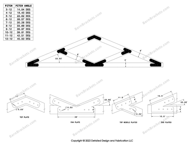 4 inch V style timber truss bracket set  for a 5-12 pitch roof with chamfered ends.