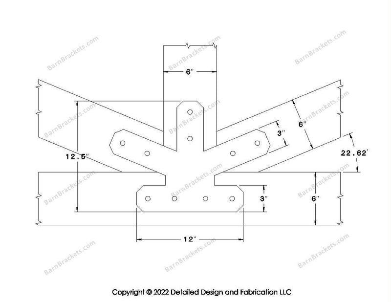 Fan Brackets for 6 inch beams - 3 inch Regular centered joint - Chamfered - Centered style holes - BarnBrackets.com