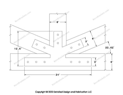 Fan Brackets for 6 inch beams - 3 inch Wide Centered joint - Square - Centered style holes - BarnBrackets.com