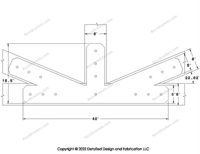 Fan Brackets for 6 inch beams - 5 inch Large offset bottom joint - Chamfered - Centered style holes - BarnBrackets.com