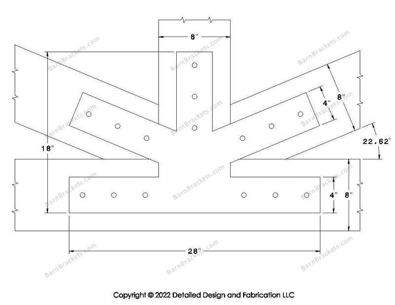 Fan Brackets for 8 inch beams - 4 inch Large centered joint - Square - Centered style holes - BarnBrackets.com