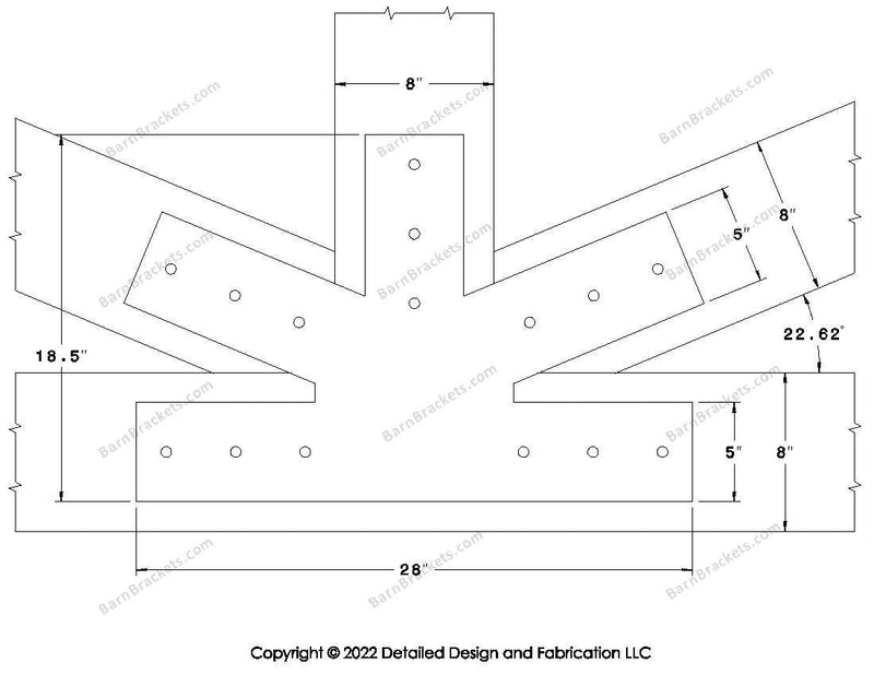 Fan Brackets for 8 inch beams - 5 inch Large centered joint - Square - Centered style holes - BarnBrackets.com