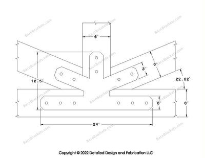 Fan Brackets for 6 inch beams - 3 inch Wide centered joint - Chamfered - Centered style holes - BarnBrackets.com