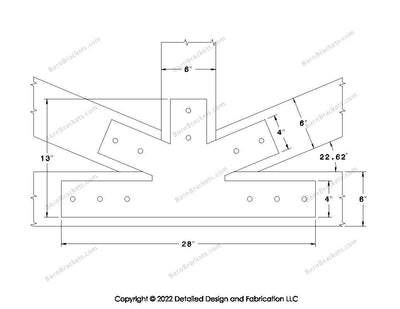 Fan Brackets for 6 inch beams - 4 inch Wide centered joint - Square - Centered style holes - BarnBrackets.com