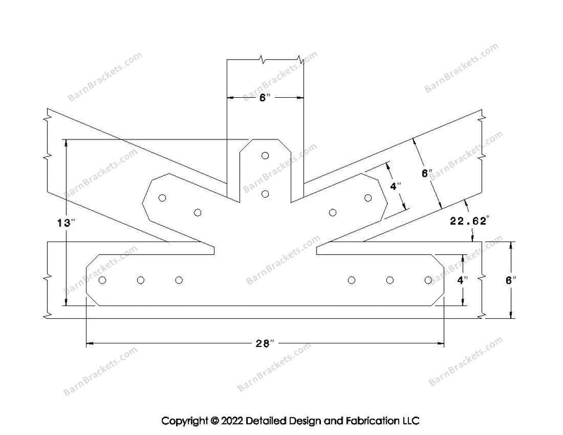 Fan Brackets for 6 inch beams - 4 inch Wide centered joint - Chamfered - Centered style holes - BarnBrackets.com