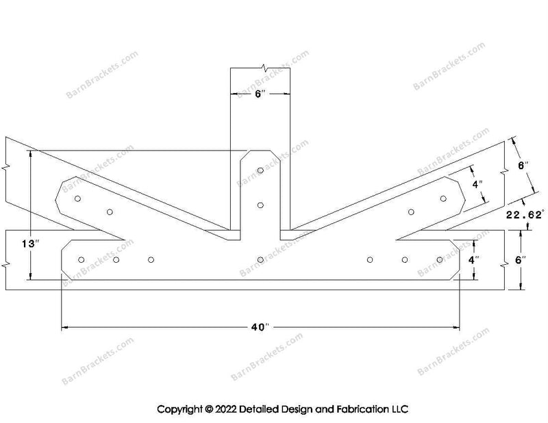 Fan Brackets for 6 inch beams - 4 inch Regular offset bottom joint - Chamfered - Centered style holes - BarnBrackets.com