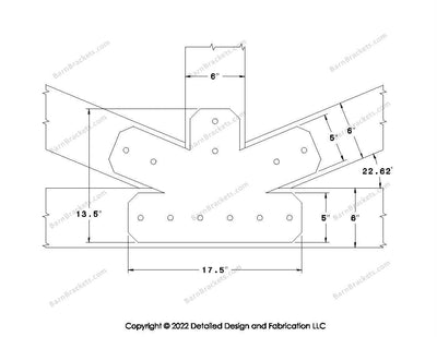 Fan Brackets for 6 inch beams - 5 inch Regular centered joint - Chamfered - Centered style holes - BarnBrackets.com