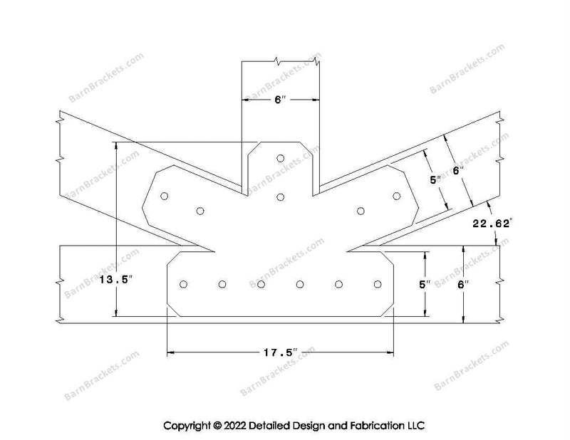 Fan Brackets for 6 inch beams - 5 inch Regular centered joint - Chamfered - Centered style holes - BarnBrackets.com