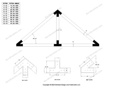 5 inch post and beam bracket set for 6 inch wood beams.  King post only truss.  With flush ends and square corners.  For a 10-12 pitch roof.