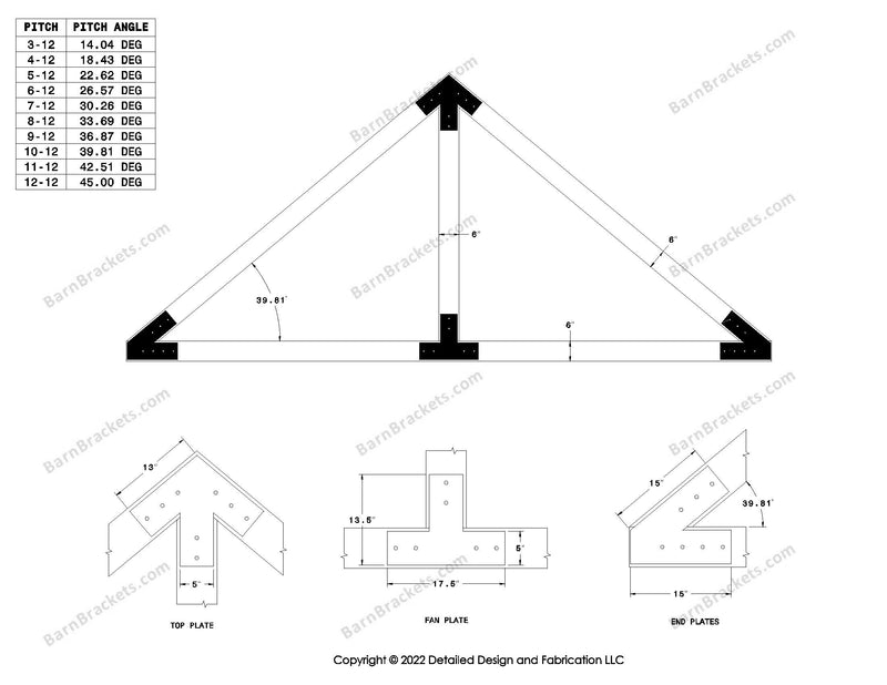 5 inch post and beam bracket set for 6 inch wood beams.  King post only truss.  With flush ends and square corners.  For a 10-12 pitch roof.