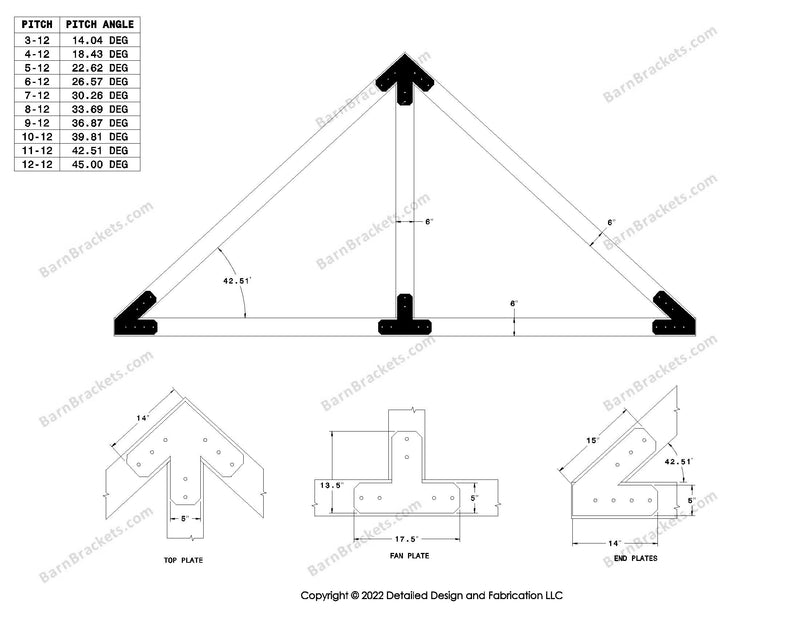 5 inch post and beam bracket set for 6 inch wood beams.  King post only truss.  With flush ends and chamfered corners.  For a 11-12 pitch roof.