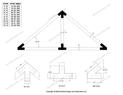 5 inch post and beam bracket set for 6 inch wood beams.  King post only truss.  With flush ends and chamfered corners.  For a 11-12 pitch roof.