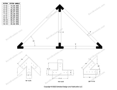 5 inch post and beam bracket set for 6 inch wood beams.  King post only truss.  With flush ends and chamfered corners.  For a 12-12 pitch roof.