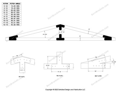 5 inch post and beam bracket set for 6 inch wood beams.  King post only truss.  With flush ends and chamfered corners.  For a 3-12 pitch roof.