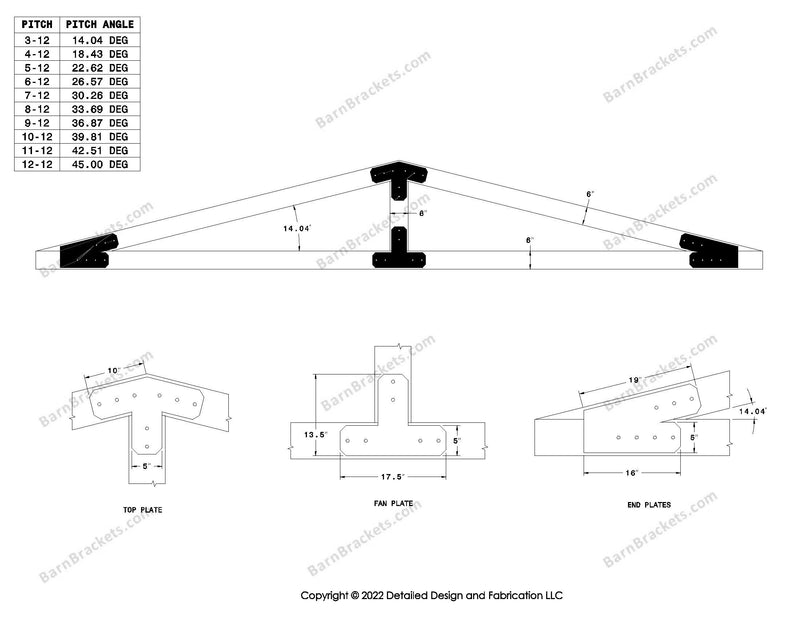 5 inch post and beam bracket set for 6 inch wood beams.  King post only truss.  With flush ends and chamfered corners.  For a 3-12 pitch roof.