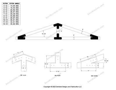 5 inch post and beam bracket set for 6 inch wood beams.  King post only truss.  With flush ends and chamfered corners.  For a 4-12 pitch roof.