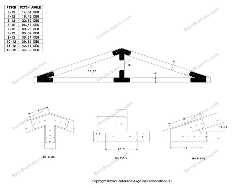 5 inch post and beam bracket set for 6 inch wood beams.  King post only truss.  With flush ends and chamfered corners.  For a 4-12 pitch roof.