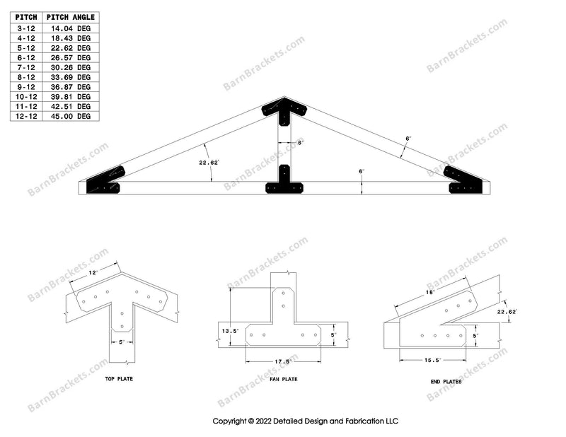 5 inch post and beam bracket set for 6 inch wood beams.  King post only truss.  With flush ends and chamfered corners.  For a 5-12 pitch roof.