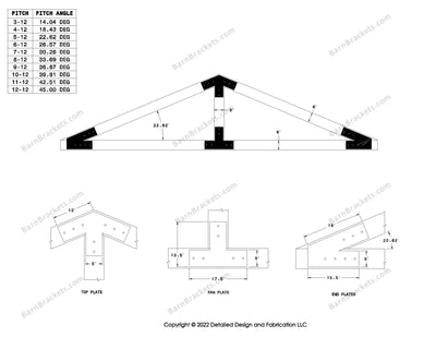 5 inch post and beam bracket set for 6 inch wood beams.  King post only truss.  With flush ends and square corners.  For a 5-12 pitch roof.