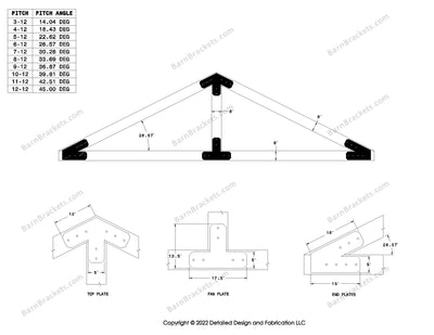 5 inch post and beam bracket set for 6 inch wood beams.  King post only truss.  With flush ends and chamfered corners.  For a 6-12 pitch roof.