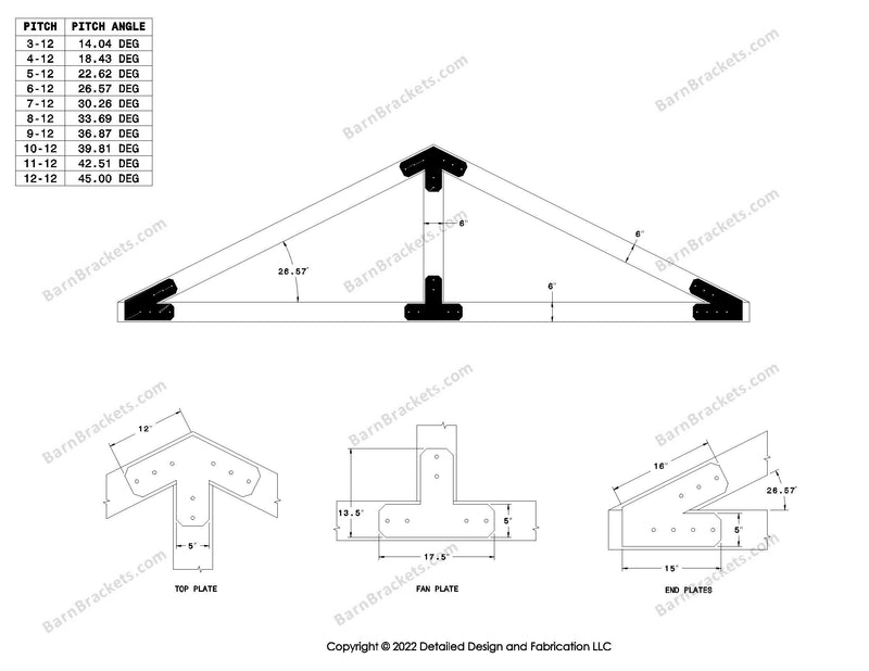 5 inch post and beam bracket set for 6 inch wood beams.  King post only truss.  With flush ends and chamfered corners.  For a 6-12 pitch roof.