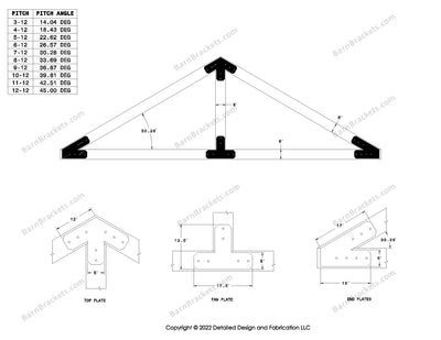 5 inch post and beam bracket set for 6 inch wood beams.  King post only truss.  With flush ends and chamfered corners.  For a 7-12 pitch roof.