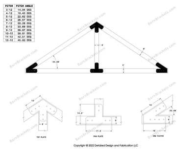 5 inch post and beam bracket set for 6 inch wood beams.  King post only truss.  With flush ends and chamfered corners.  For a 8-12 pitch roof.