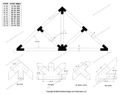 5 inch steel timber frame bracket set for 6 inch timber beams.  King post truss with diagonal chords.  Designed with overhang ends and chamfered corners.  Dimensions are for a 11-12 pitch roof.