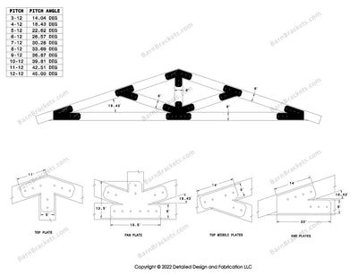 5 inch steel timber frame bracket set for 6 inch timber beams.  King post truss with diagonal chords.  Designed with overhang ends and chamfered corners.  Dimensions are for a 4-12 pitch roof.