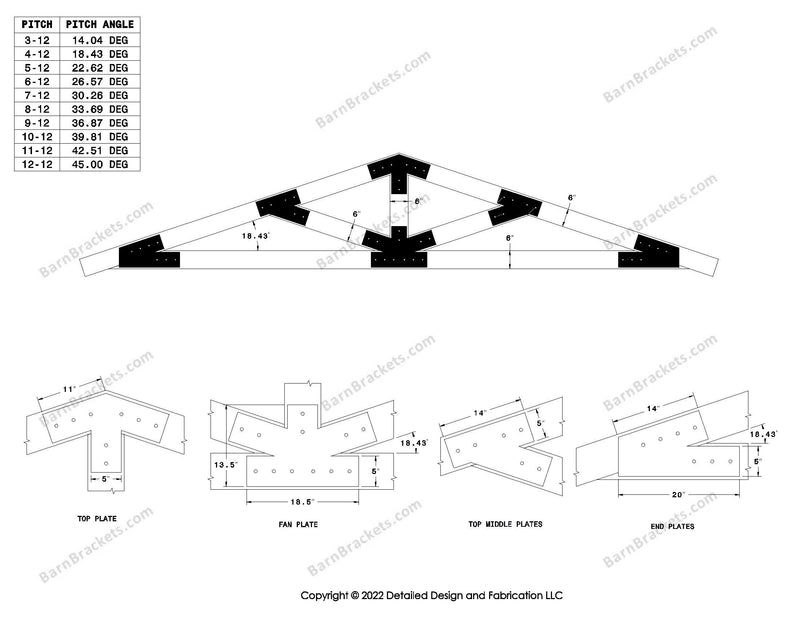 5 inch steel timber frame bracket set for 6 inch timber beams.  King post truss with diagonal chords.  Designed with overhang ends and square corners.  Dimensions are for a 4-12 pitch roof.