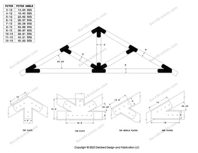 5 inch steel timber frame bracket set for 6 inch timber beams.  King post truss with diagonal chords.  Designed with overhang ends and chamfered corners.  Dimensions are for a 7-12 pitch roof.