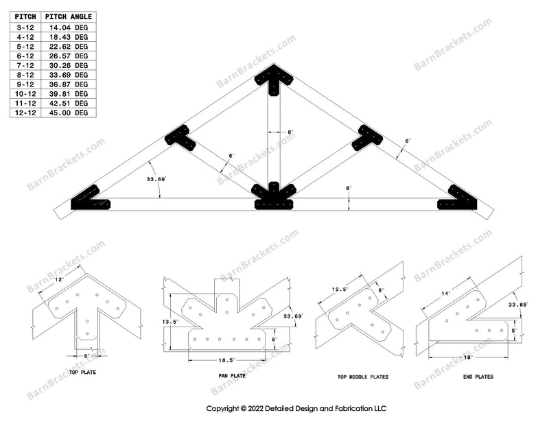 5 inch steel timber frame bracket set for 6 inch timber beams.  King post truss with diagonal chords.  Designed with overhang ends and chamfered corners.  Dimensions are for a 8-12 pitch roof.