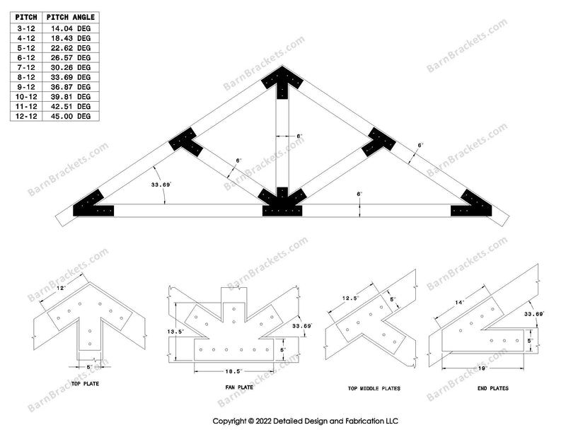 5 inch steel timber frame bracket set for 6 inch timber beams.  King post truss with diagonal chords.  Designed with overhang ends and square corners.  Dimensions are for a 8-12 pitch roof.